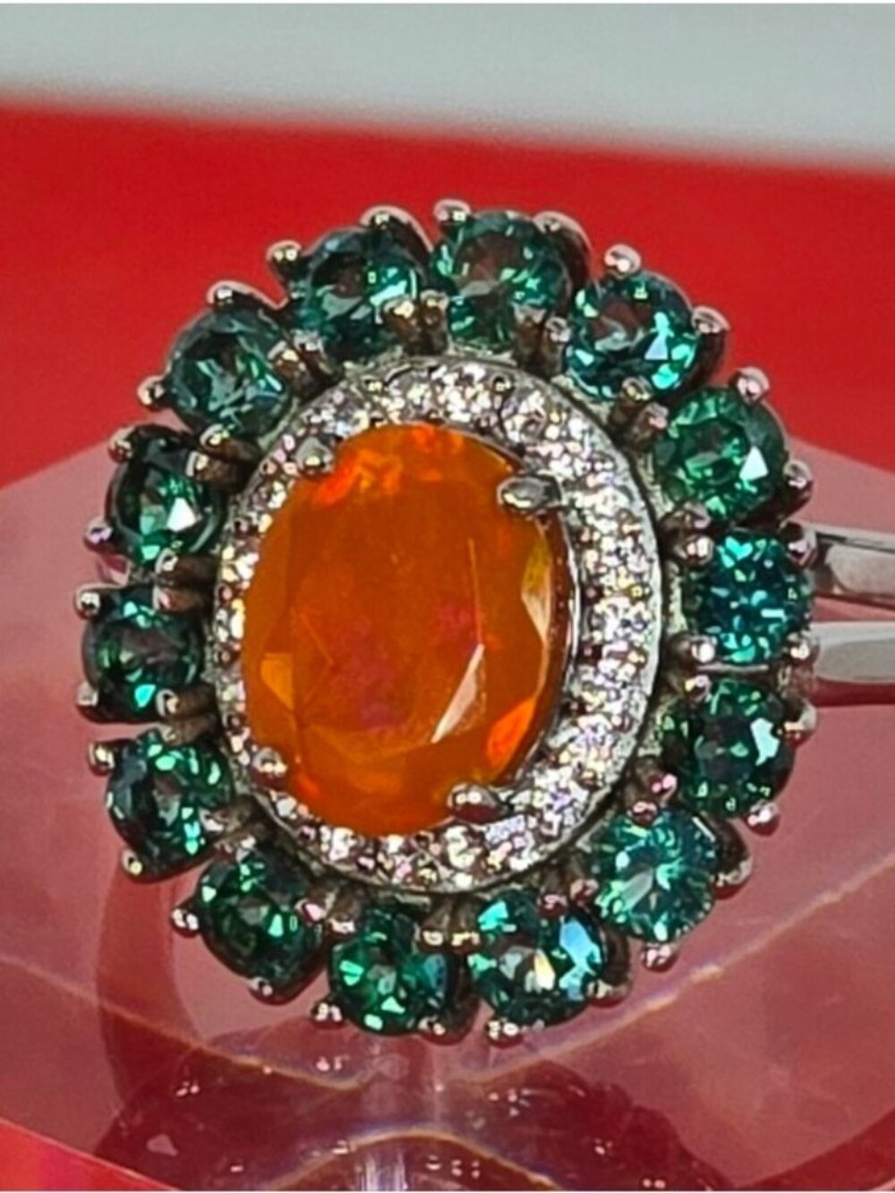 925 Sterling Silver Ring Sz 10 With Natural Orange Opal & Green Topaz Gemstones